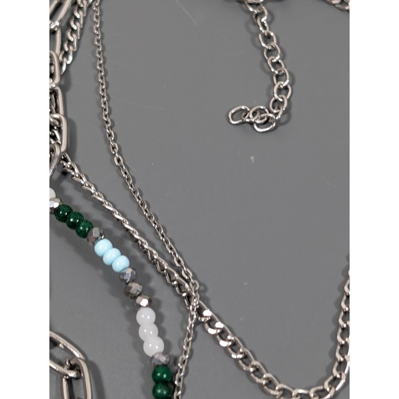 Bohemian Style Green Blue Beaded Silver Tone Layered Chain Statement Necklace - Picture 7 of 9